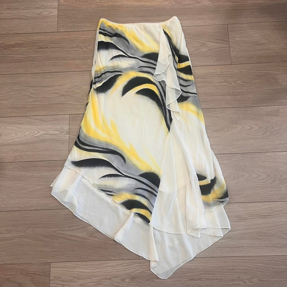 Y2K Abstract Handkerchief Hem Midi Skirt Asymmetrical Silk Boho Fairy Coquette